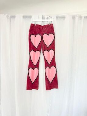 hand painted pink heart suede leather pants